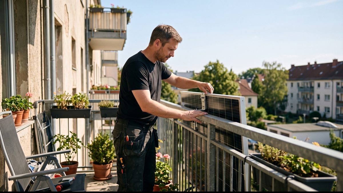 Elektriker montiert ein Solarmodul am Balkongeländer